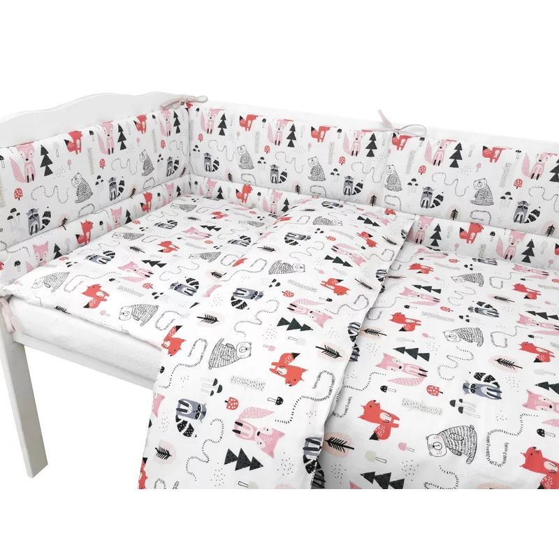 Lenjerie patut cu 3 piese, MimiNu, Pentru patut 120x60 cm, Cu protectie laterala, Din bumbac certificat Oeko Tex Standard 100, Fox