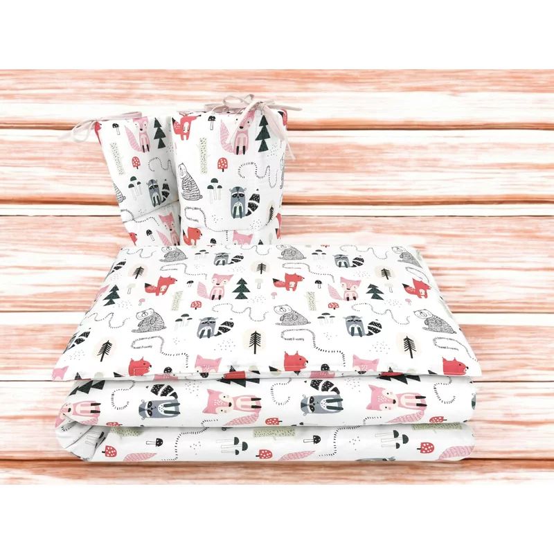 Lenjerie patut cu 3 piese, MimiNu, Pentru patut 120x60 cm, Cu protectie laterala, Din bumbac certificat Oeko Tex Standard 100, Fox