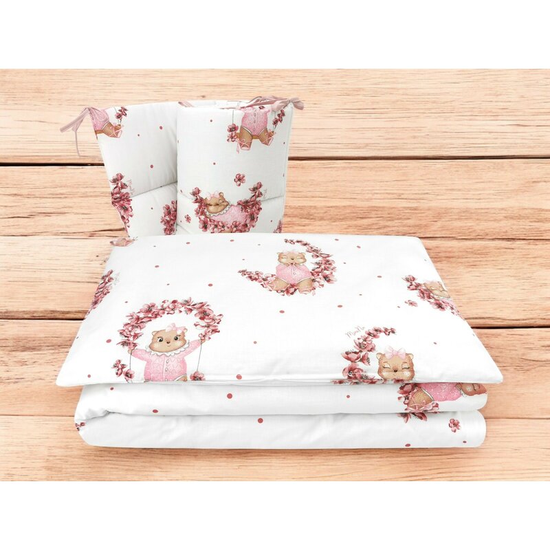 Lenjerie patut cu 3 piese, MimiNu, Pentru patut 120x60 cm, Cu protectie laterala, Din bumbac, Din bumbac certificat Oeko Tex Standard 100, Design, Betty