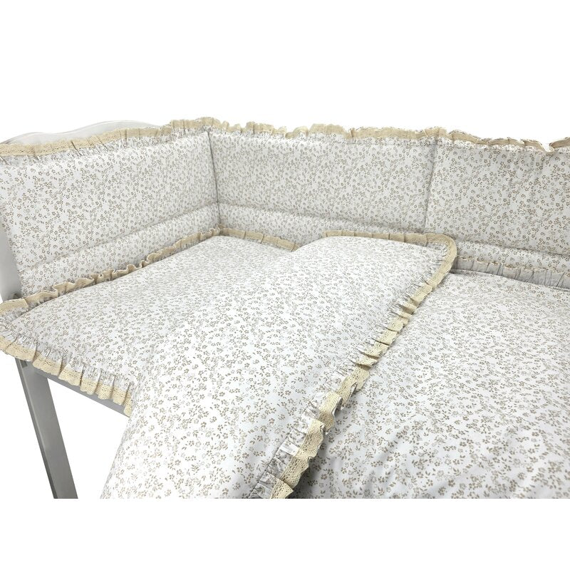 Lenjerie patut cu 3 piese, MimiNu, Premium, Pentru patut 120x60 cm, Cu protectie laterala, Din bumbac certificat Oeko Tex Standard 100, Cu dantela si volan, Meadow