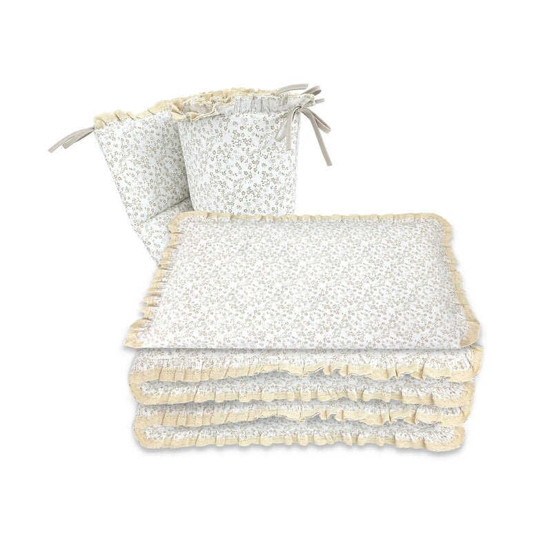 Lenjerie patut cu 3 piese, MimiNu, Premium, Pentru patut 120x60 cm, Cu protectie laterala, Din bumbac certificat Oeko Tex Standard 100, Cu dantela si volan, Meadow - gogobaby.ro