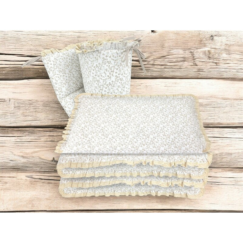 Lenjerie patut cu 3 piese, MimiNu, Premium, Pentru patut 120x60 cm, Cu protectie laterala, Din bumbac certificat Oeko Tex Standard 100, Cu dantela si volan, Meadow - gogobaby.ro