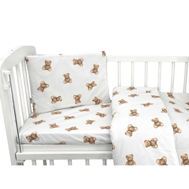 Lenjerie patut cu 3 piese, Qmini, Aurora, Pentru co-sleeper, Din bumbac certificat Oeko Tex Standard 100, Teddy Toys