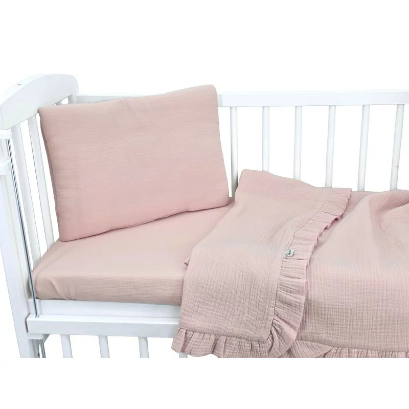 Lenjerie patut cu 3 piese, Qmini, Aurora, Pentru co-sleeper, Din muselina dubla, Material certificat Oeko Tex Standard 100, Powder Pink