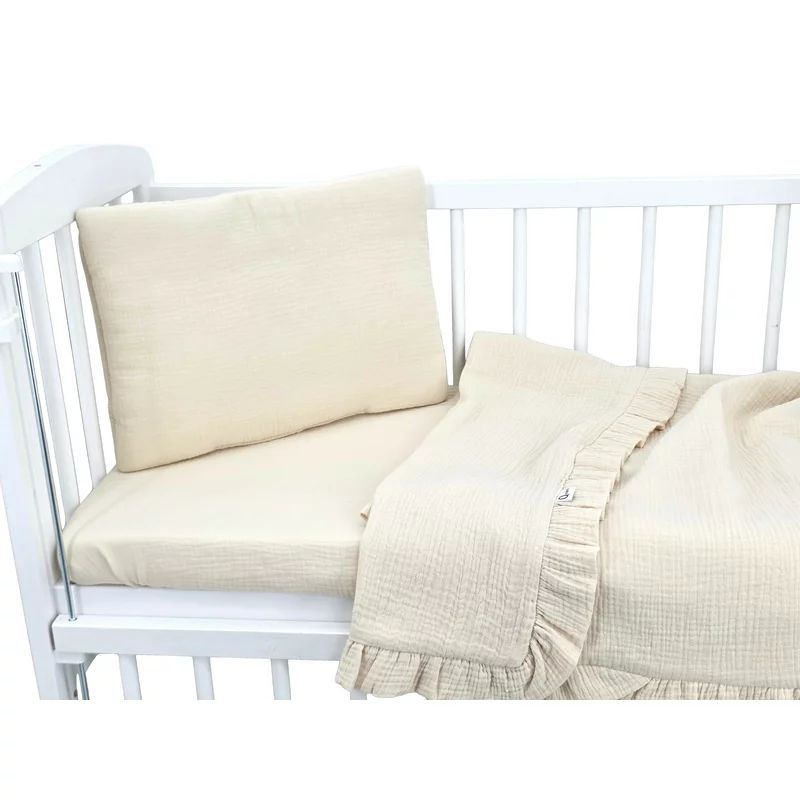 Lenjerie patut cu 3 piese, Qmini, Aurora, Pentru co-sleeper, Din muselina dubla, Material certificat Oeko Tex Standard 100, Warm Beige