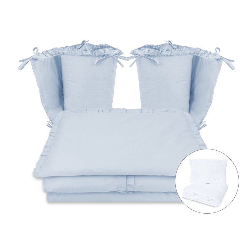 Lenjerie patut cu 6 piese, MimiNu, Pentru patut 120x60 cm, Cu volanase, Cu pilota si perna, Cu doua aparatori laterale, Din bumbac certificat Oeko Tex Standard 100, Colectia Royal, Blue - gogobaby.ro