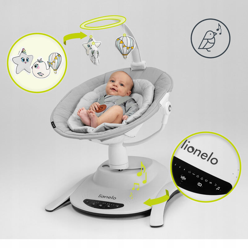 Balansoar, Lionelo, Bella, Multifunctional, Electric, Scaun reglabil, Ecran tactil si telecomanda, 6 miscari unice, 5 viteze, Cu melodii, Gri - gogobaby.ro