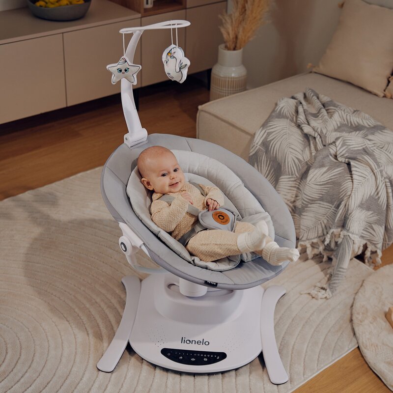 Balansoar, Lionelo, Bella, Multifunctional, Electric, Scaun reglabil, Ecran tactil si telecomanda, 6 miscari unice, 5 viteze, Cu melodii, Gri - gogobaby.ro