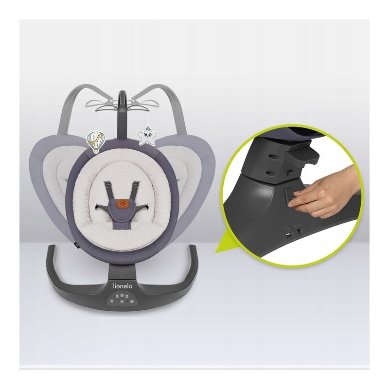 Balansoar si sezlong, Lionelo, Ralf, 2 in 1, Electric, Cu telecomanda si cablu USB, Cu miscare laterala de balansare si 5 niveluri diferite de viteza, Cu 12 melodii, Gri Grafit - gogobaby.ro