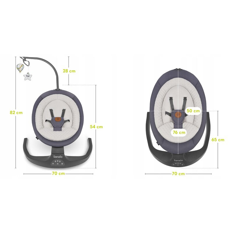 Balansoar si sezlong, Lionelo, Ralf, 2 in 1, Electric, Cu telecomanda si cablu USB, Cu miscare laterala de balansare si 5 niveluri diferite de viteza, Cu 12 melodii, Gri Grafit - gogobaby.ro
