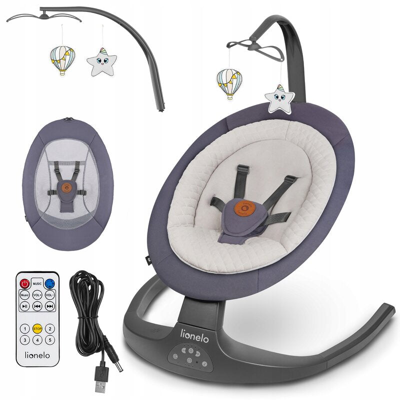 Balansoar si sezlong, Lionelo, Ralf, 2 in 1, Electric, Cu telecomanda si cablu USB, Cu miscare laterala de balansare si 5 niveluri diferite de viteza, Cu 12 melodii, Gri Grafit - gogobaby.ro