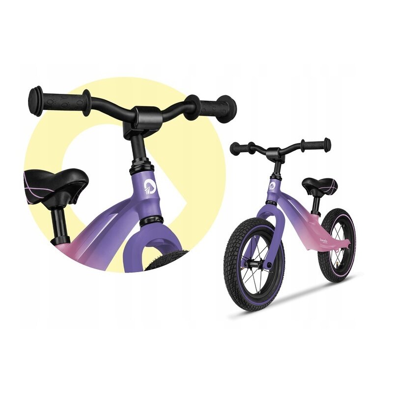 Bicicleta fara pedale, Lionelo, Bart Air, Usoara, Cu roti gonflabile, Cu cadru din magneziu, Cu ghidon si sa reglabile, Greutate 3.8 Kg, 12 inch, Conform cu standardul european de securitate EN71, Pink Violet - gogobaby.ro