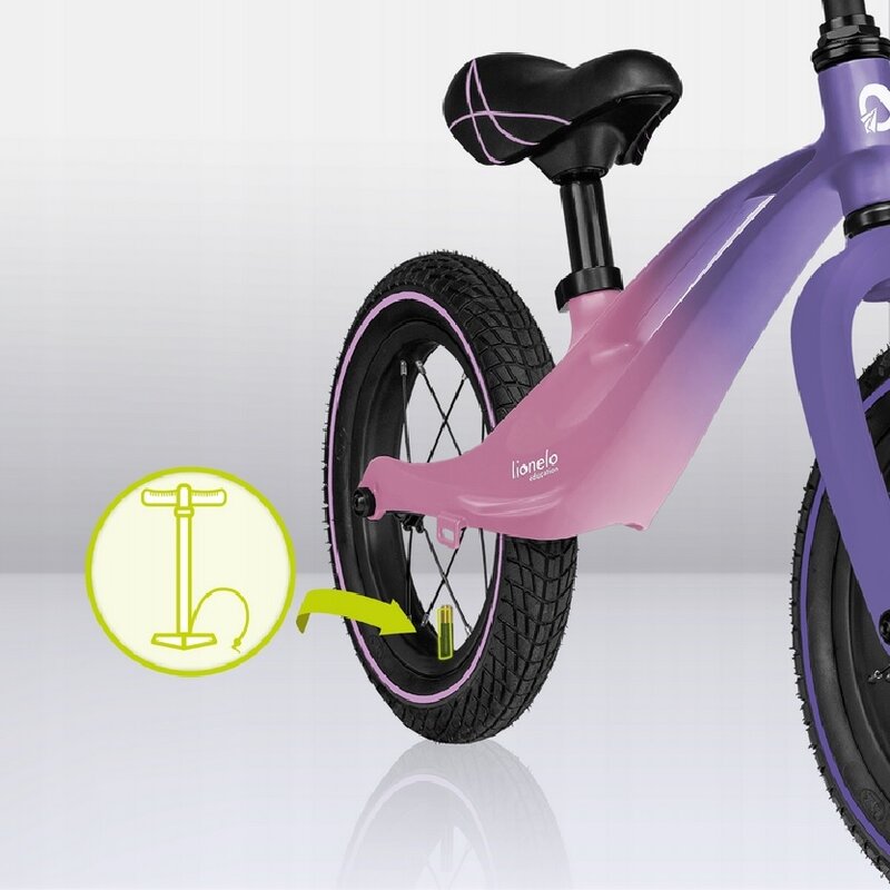 Bicicleta fara pedale, Lionelo, Bart Air, Usoara, Cu roti gonflabile, Cu cadru din magneziu, Cu ghidon si sa reglabile, Greutate 3.8 Kg, 12 inch, Conform cu standardul european de securitate EN71, Pink Violet - gogobaby.ro