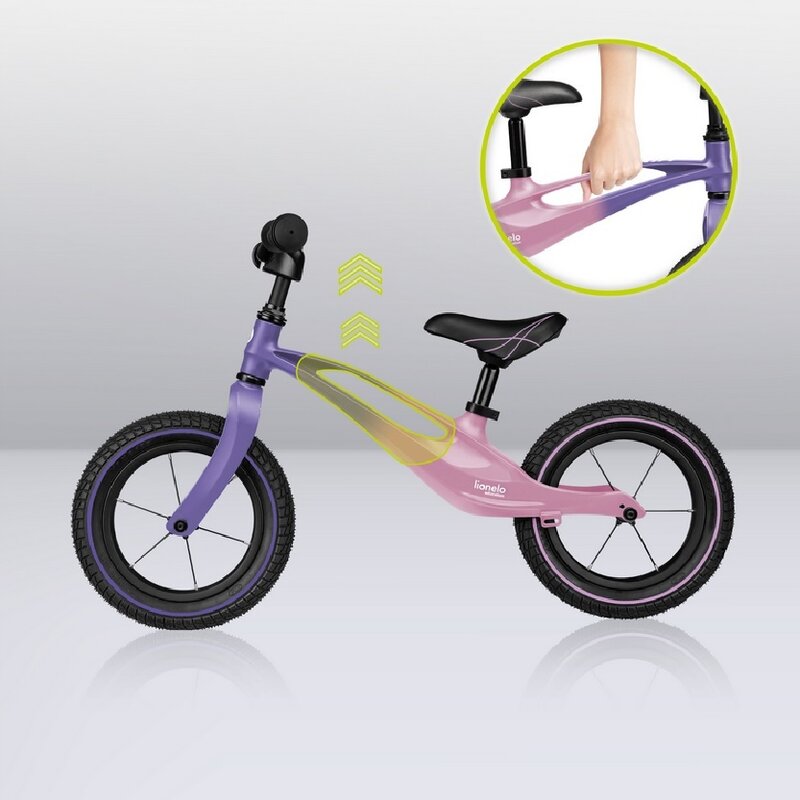 Bicicleta fara pedale, Lionelo, Bart Air, Usoara, Cu roti gonflabile, Cu cadru din magneziu, Cu ghidon si sa reglabile, Greutate 3.8 Kg, 12 inch, Conform cu standardul european de securitate EN71, Pink Violet - gogobaby.ro