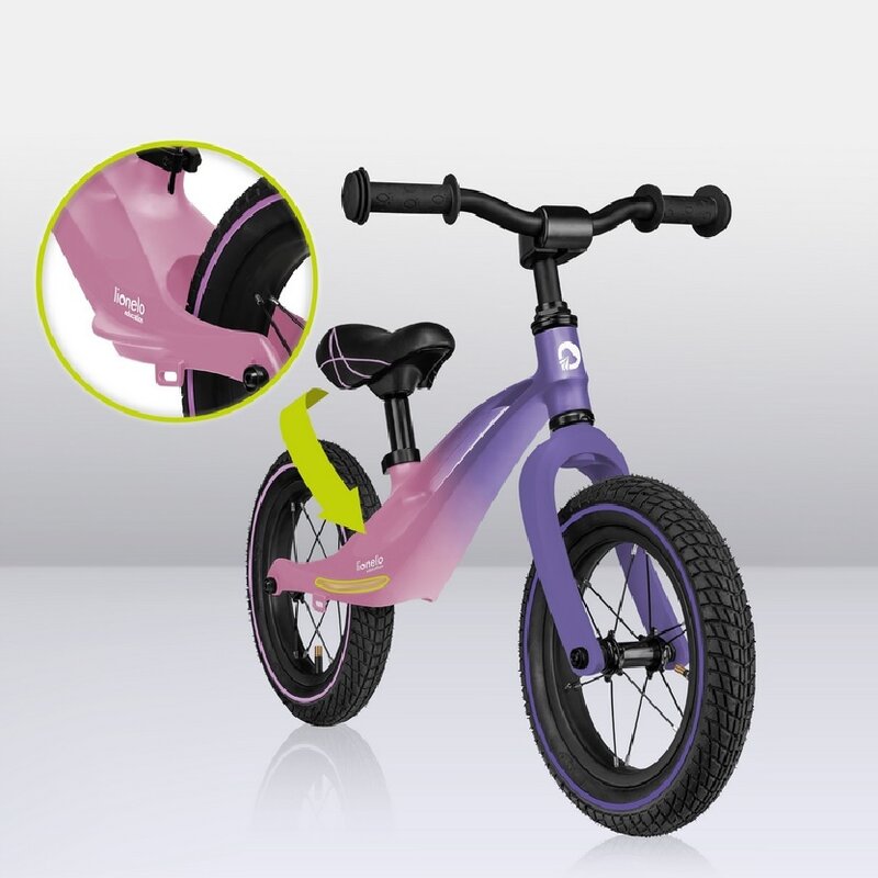 Bicicleta fara pedale, Lionelo, Bart Air, Usoara, Cu roti gonflabile, Cu cadru din magneziu, Cu ghidon si sa reglabile, Greutate 3.8 Kg, 12 inch, Conform cu standardul european de securitate EN71, Pink Violet - gogobaby.ro