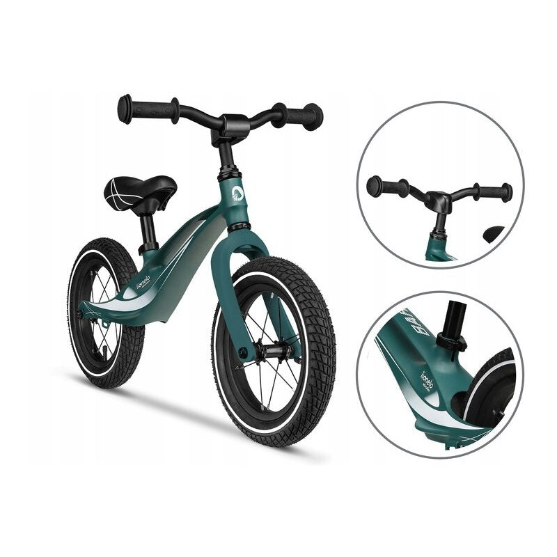 Bicicleta fara pedale, Lionelo, Bart Air, Usoara, Cu roti gonflabile, Cu cadru din magneziu, Cu ghidon si sa reglabile, Greutate 3.8 Kg, 12 inch, Conform cu standardul european de securitate EN71, Green Forest - gogobaby.ro