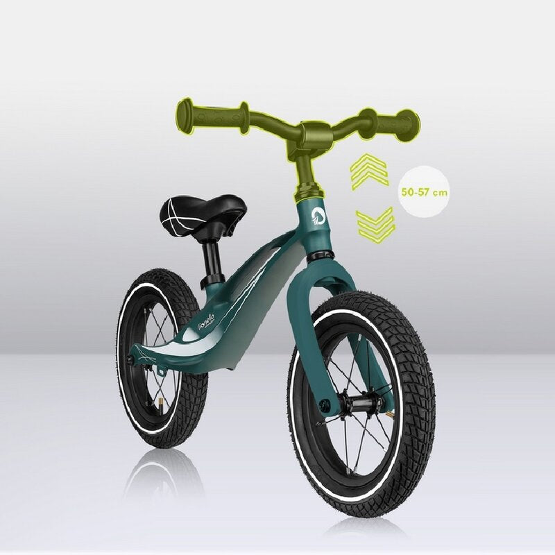 Bicicleta fara pedale, Lionelo, Bart Air, Usoara, Cu roti gonflabile, Cu cadru din magneziu, Cu ghidon si sa reglabile, Greutate 3.8 Kg, 12 inch, Conform cu standardul european de securitate EN71, Green Forest - gogobaby.ro