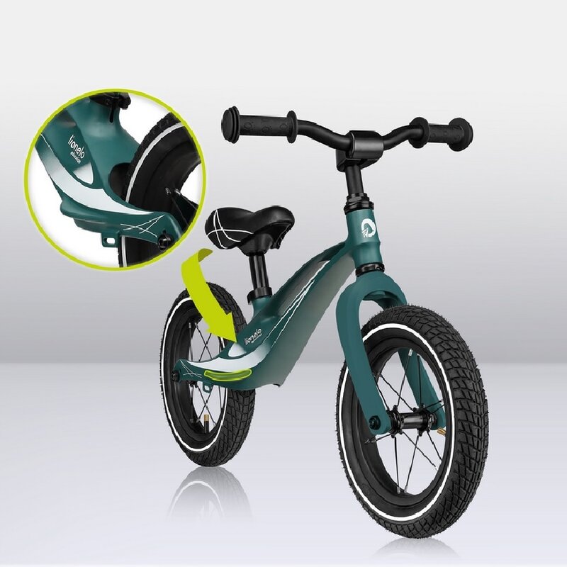 Bicicleta fara pedale, Lionelo, Bart Air, Usoara, Cu roti gonflabile, Cu cadru din magneziu, Cu ghidon si sa reglabile, Greutate 3.8 Kg, 12 inch, Conform cu standardul european de securitate EN71, Green Forest - gogobaby.ro