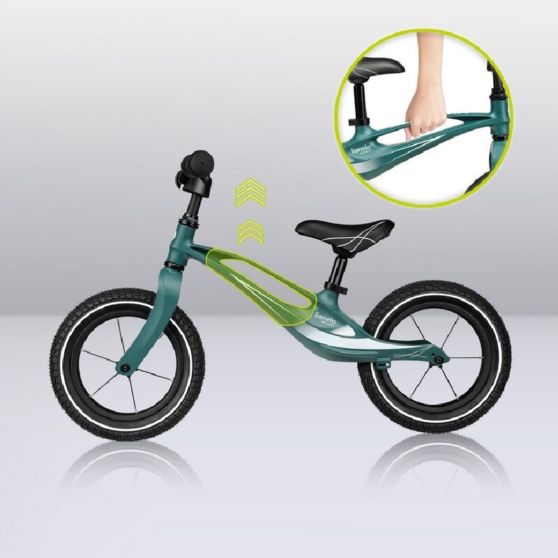 Bicicleta fara pedale, Lionelo, Bart Air, Usoara, Cu roti gonflabile, Cu cadru din magneziu, Cu ghidon si sa reglabile, Greutate 3.8 Kg, 12 inch, Conform cu standardul european de securitate EN71, Green Forest - gogobaby.ro