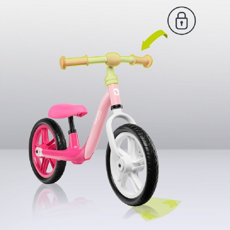 Bicicleta fara pedale, Lionelo, Alex, Usoara, Cu ghidon si sa reglabile, Greutate 3.3 Kg, Cu roti din spuma EVA, 12 inch, Bubblegum - gogobaby.ro