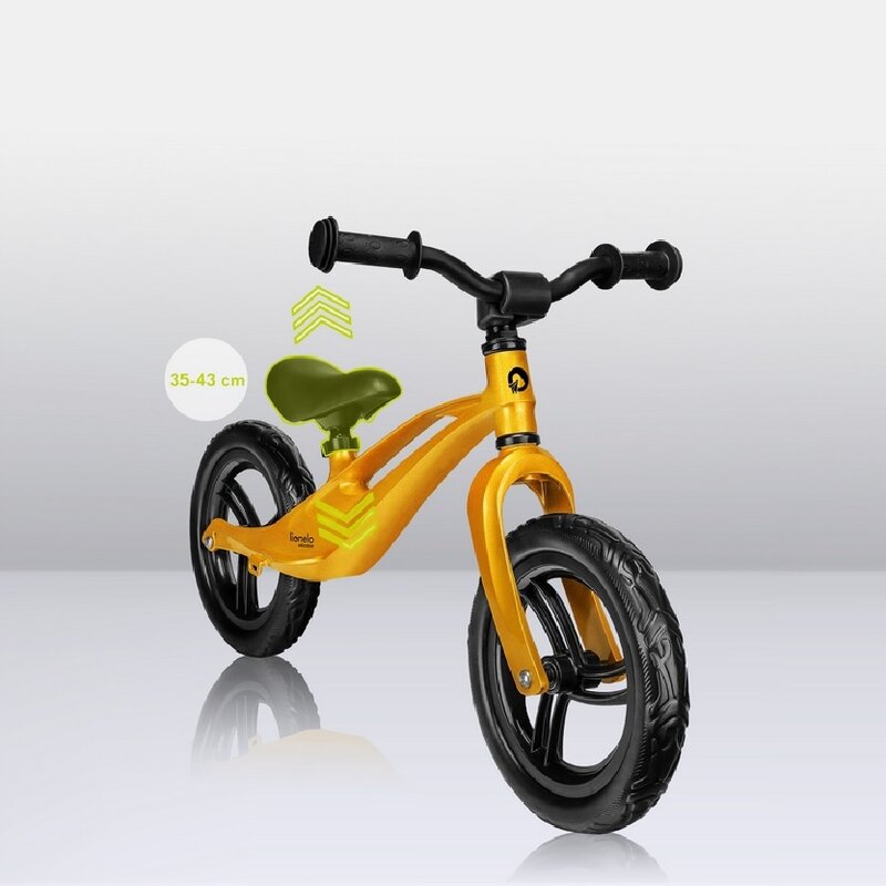 Bicicleta fara pedale, Lionelo, Bart, Usoara, Cu cadru din magneziu, Cu ghidon si sa reglabile, Greutate 3 Kg, 12 inch, Conform cu standardul european de securitate EN71, Auriu - gogobaby.ro