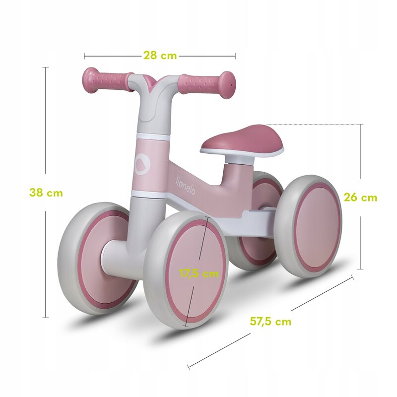 Bicicleta fara pedale, Lionelo, Villy, Cu 4 roti, Din spuma EVA si TPR, Stabila, Manere moi, antiderapante, 12- 36 luni, Sustine pana la 30 kg, Certificata EN 71-1:2014, EN 71-2:2011, EN 71-3:2019, Roz