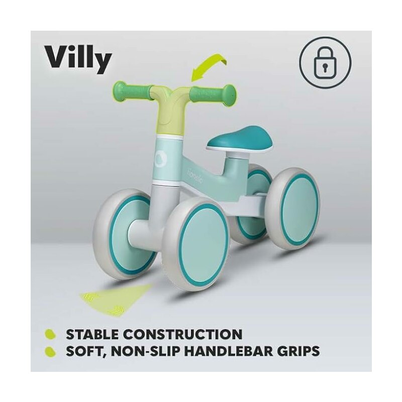Bicicleta fara pedale, Lionelo, Villy, Cu 4 roti, Din spuma EVA si TPR, Stabila, Manere moi, antiderapante, 12- 36 luni, Sustine pana la 30 kg, Certificata EN 71-1:2014, EN 71-2:2011, EN 71-3:2019, Verde turcoaz - gogobaby.ro