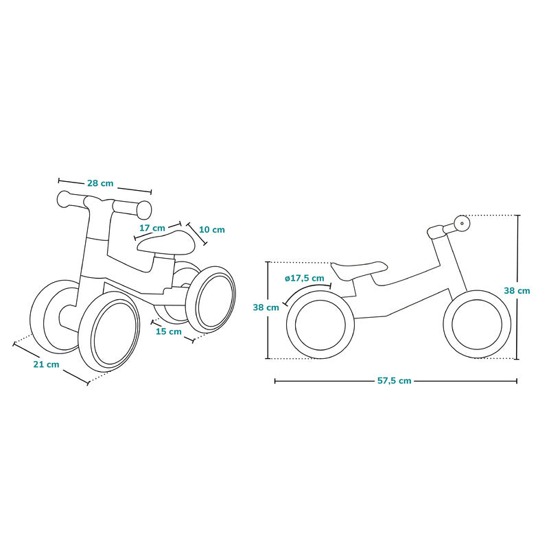 Bicicleta fara pedale, Lionelo, Villy, Cu 4 roti, Din spuma EVA si TPR, Stabila, Manere moi, antiderapante, 12- 36 luni, Sustine pana la 30 kg, Certificata EN 71-1:2014, EN 71-2:2011, EN 71-3:2019, Verde turcoaz - gogobaby.ro