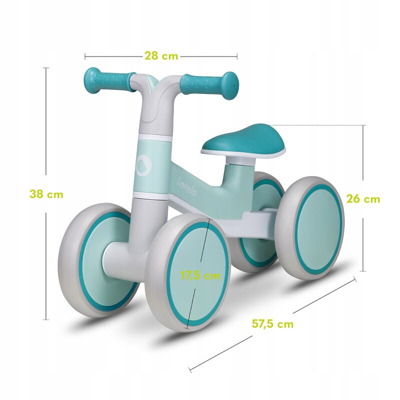 Bicicleta fara pedale, Lionelo, Villy, Cu 4 roti, Din spuma EVA si TPR, Stabila, Manere moi, antiderapante, 12- 36 luni, Sustine pana la 30 kg, Certificata EN 71-1:2014, EN 71-2:2011, EN 71-3:2019, Verde turcoaz - gogobaby.ro