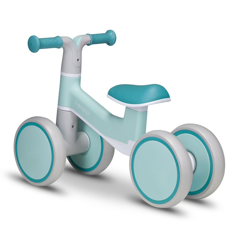 Bicicleta fara pedale, Lionelo, Villy, Cu 4 roti, Din spuma EVA si TPR, Stabila, Manere moi, antiderapante, 12- 36 luni, Sustine pana la 30 kg, Certificata EN 71-1:2014, EN 71-2:2011, EN 71-3:2019, Verde turcoaz