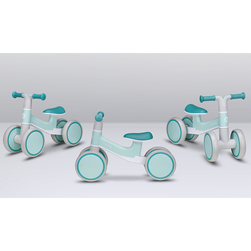 Bicicleta fara pedale, Lionelo, Villy, Cu 4 roti, Din spuma EVA si TPR, Stabila, Manere moi, antiderapante, 12- 36 luni, Sustine pana la 30 kg, Certificata EN 71-1:2014, EN 71-2:2011, EN 71-3:2019, Verde turcoaz - gogobaby.ro
