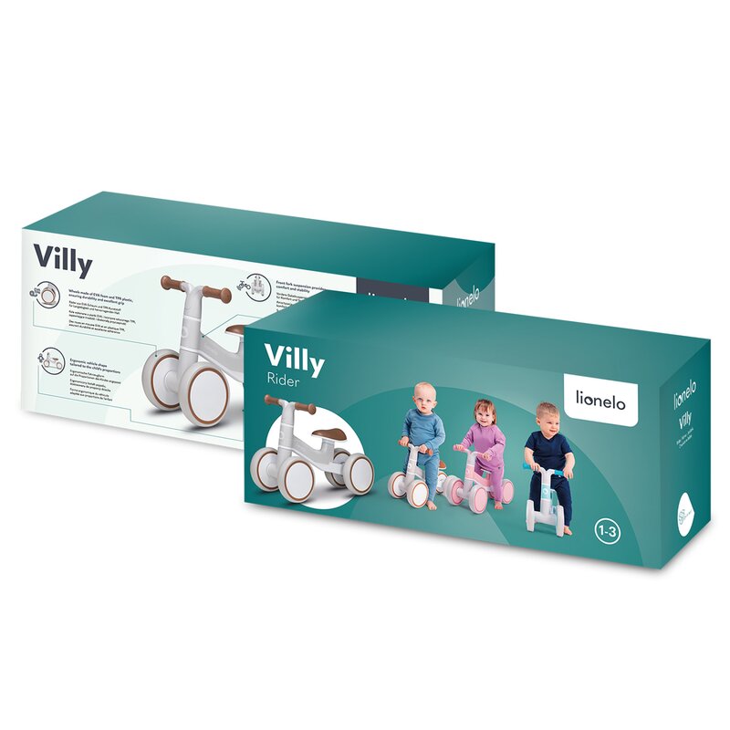 Bicicleta fara pedale, Lionelo, Villy, Cu 4 roti, Din spuma EVA si TPR, Stabila, Manere moi, antiderapante, 12- 36 luni, Sustine pana la 30 kg, Certificata EN 71-1:2014, EN 71-2:2011, EN 71-3:2019, Verde turcoaz - gogobaby.ro