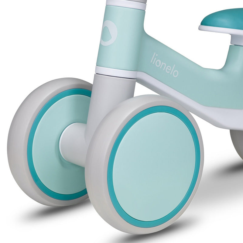 Bicicleta fara pedale, Lionelo, Villy, Cu 4 roti, Din spuma EVA si TPR, Stabila, Manere moi, antiderapante, 12- 36 luni, Sustine pana la 30 kg, Certificata EN 71-1:2014, EN 71-2:2011, EN 71-3:2019, Verde turcoaz
