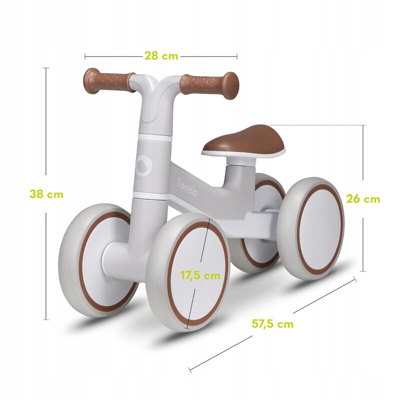 Bicicleta fara pedale, Lionelo, Villy, Cu 4 roti, Din spuma EVA si TPR, Stabila, Manere moi, antiderapante, 12- 36 luni, Sustine pana la 30 kg, Certificata EN 71-1:2014, EN 71-2:2011, EN 71-3:2019, Bej - gogobaby.ro