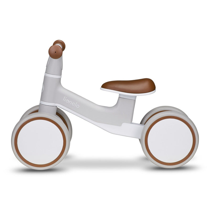 Bicicleta fara pedale, Lionelo, Villy, Cu 4 roti, Din spuma EVA si TPR, Stabila, Manere moi, antiderapante, 12- 36 luni, Sustine pana la 30 kg, Certificata EN 71-1:2014, EN 71-2:2011, EN 71-3:2019, Bej - gogobaby.ro