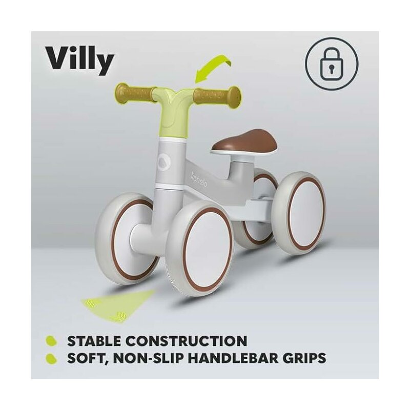 Bicicleta fara pedale, Lionelo, Villy, Cu 4 roti, Din spuma EVA si TPR, Stabila, Manere moi, antiderapante, 12- 36 luni, Sustine pana la 30 kg, Certificata EN 71-1:2014, EN 71-2:2011, EN 71-3:2019, Bej - gogobaby.ro