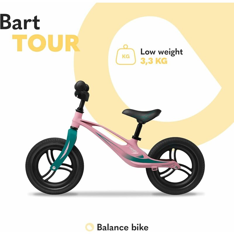 Bicicleta fara pedale, Lionelo, Bart Tour, Usoara, Cu cadru din magneziu, Cu ghidon si sa reglabile, Greutate 3.8 Kg, 12 inch, Conform cu standardul european de securitate EN71, Pink Bubblegum - gogobaby.ro