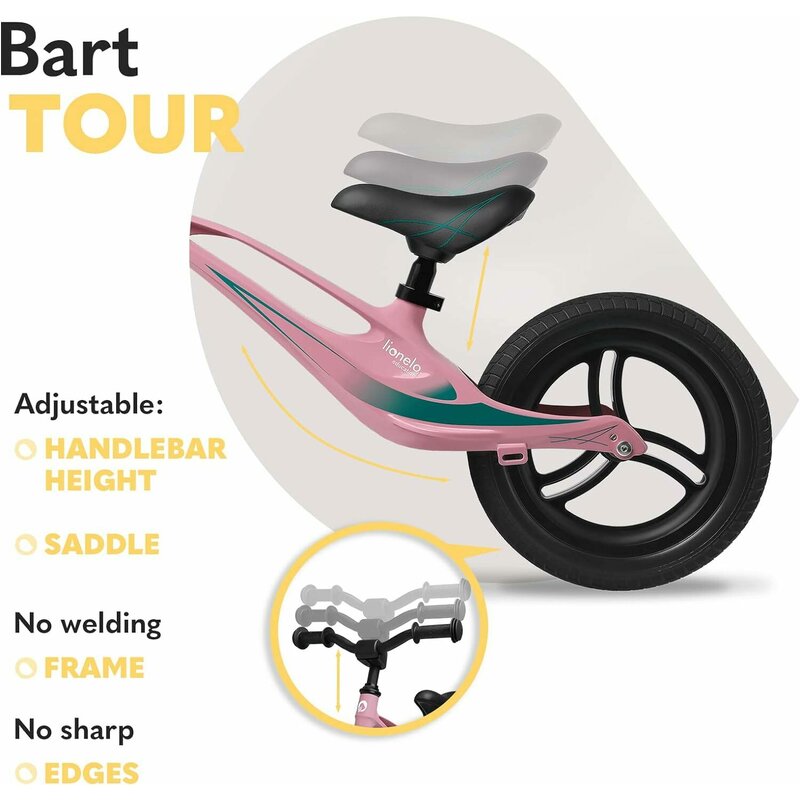Bicicleta fara pedale, Lionelo, Bart Tour, Usoara, Cu cadru din magneziu, 3.3 Kg, 12 inch, Conform cu standardul european de securitate EN71, Pink Bubblegum