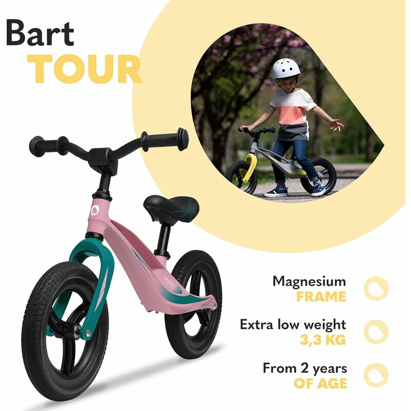 Bicicleta fara pedale, Lionelo, Bart Tour, Usoara, Cu cadru din magneziu, 3.3 Kg, 12 inch, Conform cu standardul european de securitate EN71, Pink Bubblegum - gogobaby.ro