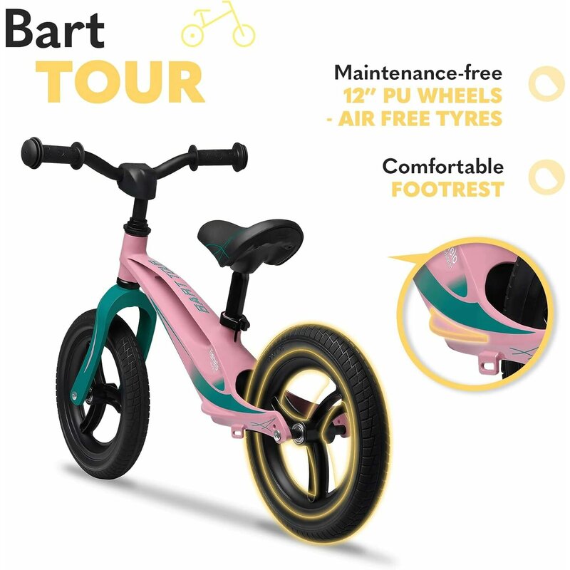 Bicicleta fara pedale, Lionelo, Bart Tour, Usoara, Cu cadru din magneziu, 3.3 Kg, 12 inch, Conform cu standardul european de securitate EN71, Pink Bubblegum