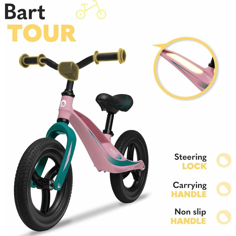Bicicleta fara pedale, Lionelo, Bart Tour, Usoara, Cu cadru din magneziu, 3.3 Kg, 12 inch, Conform cu standardul european de securitate EN71, Pink Bubblegum
