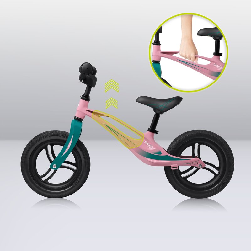 Bicicleta fara pedale, Lionelo, Bart Tour, Usoara, Cu cadru din magneziu, Cu ghidon si sa reglabile, Greutate 3.8 Kg, 12 inch, Conform cu standardul european de securitate EN71, Pink Bubblegum - gogobaby.ro