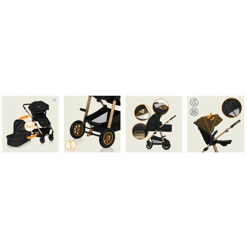 Carucior 2 in 1, Lionelo, Amber, Cadru aluminiu, Cu landou intarit si salteluta moale, Reversibil, Maner ajustabil, Huse pentru picioare, ploaie, Plasa de tantari, Geanta parinti, Pana la 22 kg, EN1888-1, EN1888-2, EN1466, Negru