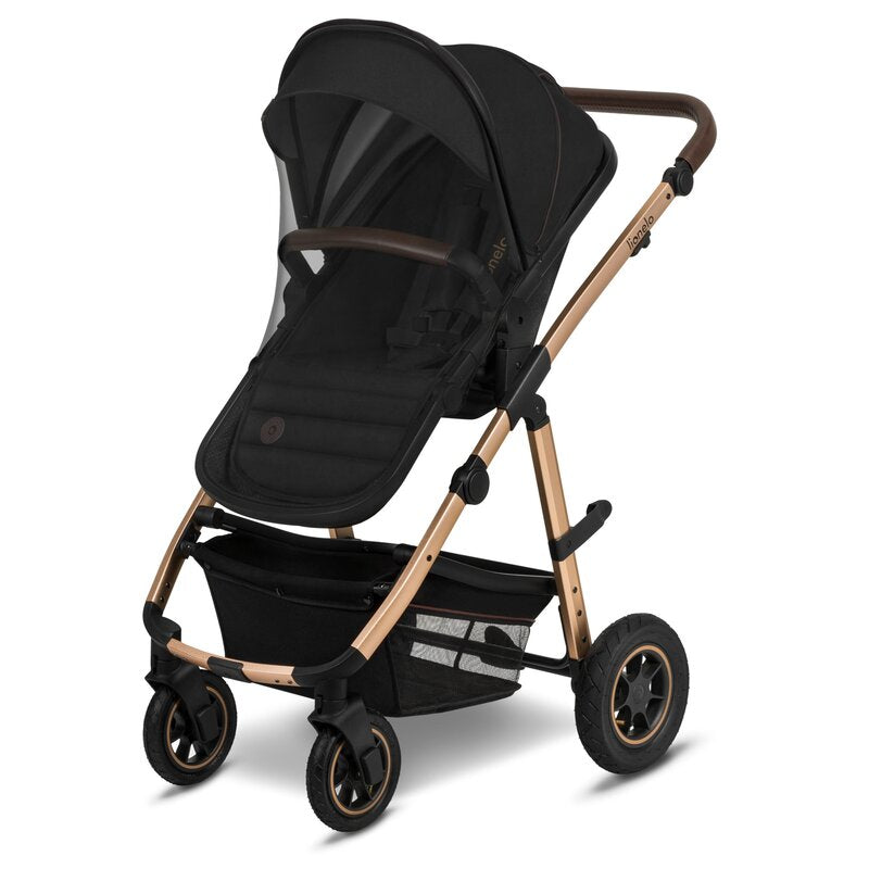 Carucior 2 in 1, Lionelo, Amber, Cadru aluminiu, Cu landou intarit si salteluta moale, Reversibil, Maner ajustabil, Huse pentru picioare, ploaie, Plasa de tantari, Geanta parinti, Pana la 22 kg, EN1888-1, EN1888-2, EN1466, Negru