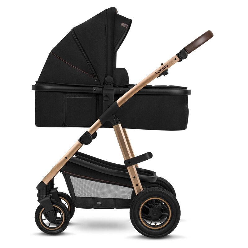 Carucior 2 in 1, Lionelo, Amber, Cadru aluminiu, Cu landou intarit si salteluta moale, Reversibil, Maner ajustabil, Huse pentru picioare, ploaie, Plasa de tantari, Geanta parinti, Pana la 22 kg, EN1888-1, EN1888-2, EN1466, Negru - gogobaby.ro