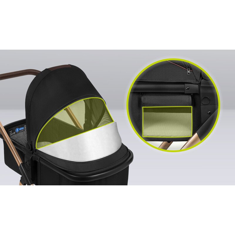 Carucior 2 in 1, Lionelo, Amber, Cadru aluminiu, Cu landou intarit si salteluta moale, Reversibil, Maner ajustabil, Huse pentru picioare, ploaie, Plasa de tantari, Geanta parinti, Pana la 22 kg, EN1888-1, EN1888-2, EN1466, Negru - gogobaby.ro