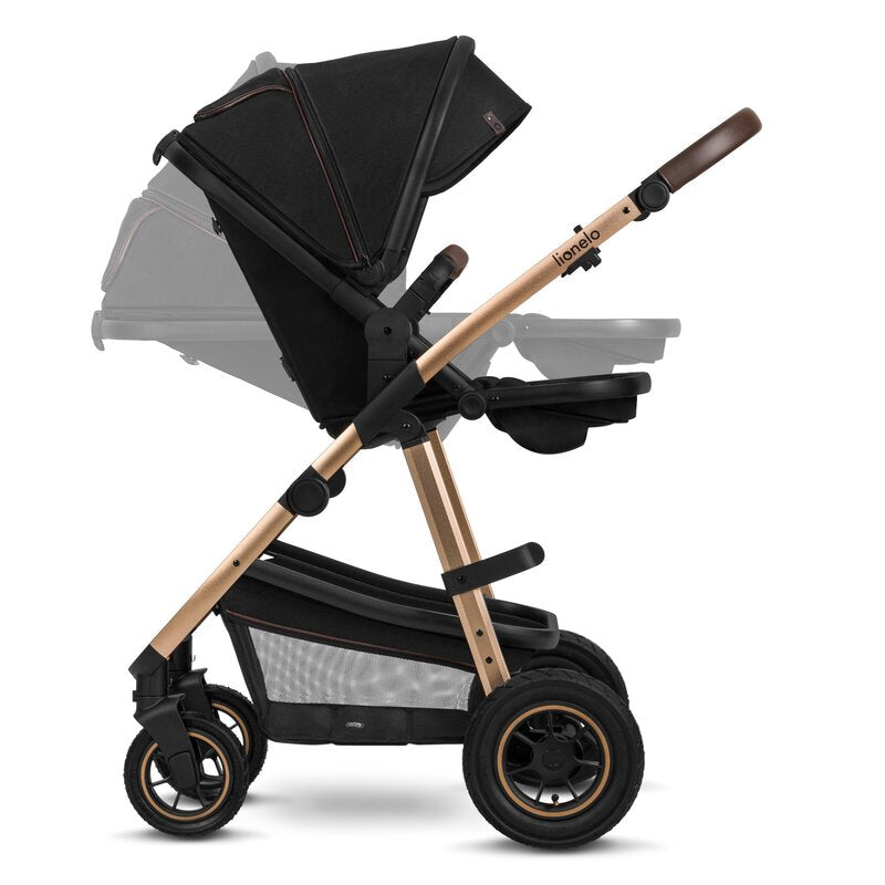 Carucior 2 in 1, Lionelo, Amber, Cadru aluminiu, Cu landou intarit si salteluta moale, Reversibil, Maner ajustabil, Huse pentru picioare, ploaie, Plasa de tantari, Geanta parinti, Pana la 22 kg, EN1888-1, EN1888-2, EN1466, Negru - gogobaby.ro