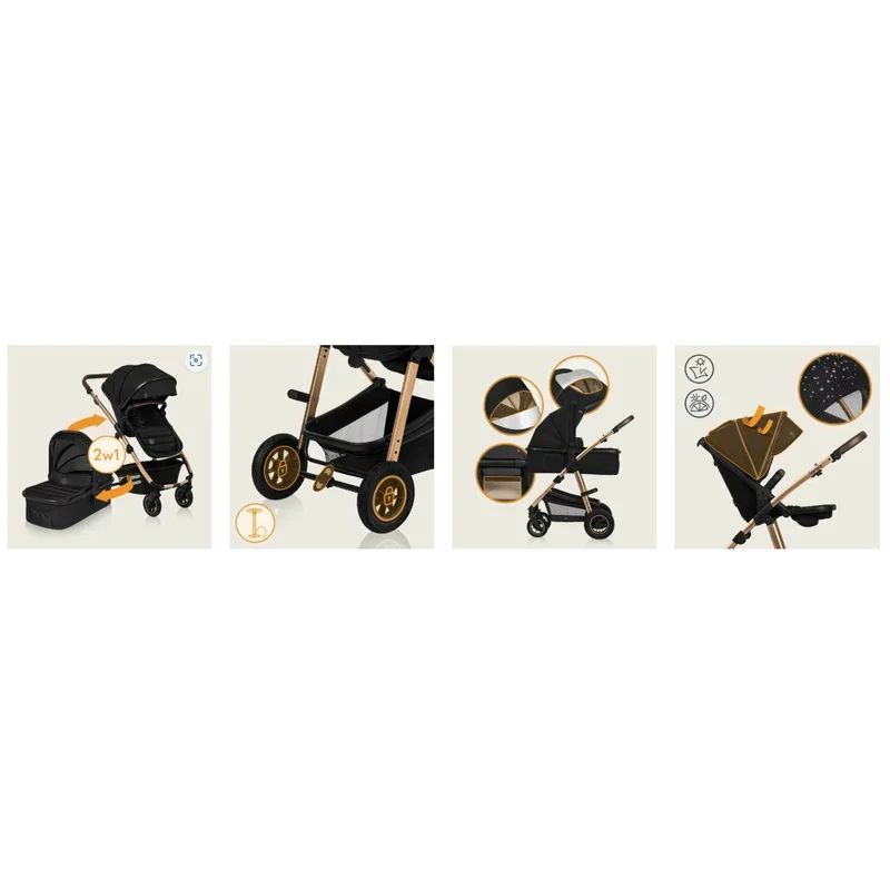 Carucior 2 in 1, Lionelo, Amber, Cadru aluminiu, Cu landou intarit si salteluta moale, Reversibil, Maner ajustabil, Huse pentru picioare, ploaie, Plasa de tantari, Geanta parinti, Pana la 22 kg, EN1888-1, EN1888-2, EN1466, Negru