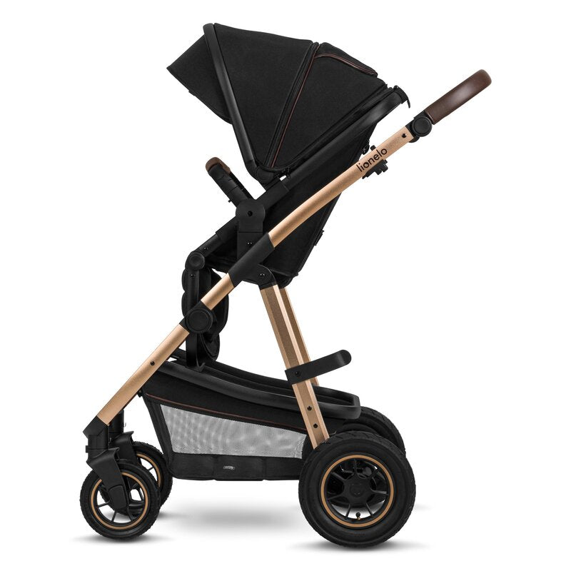Carucior 2 in 1, Lionelo, Amber, Cadru aluminiu, Cu landou intarit si salteluta moale, Reversibil, Maner ajustabil, Huse pentru picioare, ploaie, Plasa de tantari, Geanta parinti, Pana la 22 kg, EN1888-1, EN1888-2, EN1466, Negru - gogobaby.ro