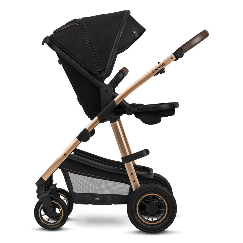 Carucior 2 in 1, Lionelo, Amber, Cadru aluminiu, Cu landou intarit si salteluta moale, Reversibil, Maner ajustabil, Huse pentru picioare, ploaie, Plasa de tantari, Geanta parinti, Pana la 22 kg, EN1888-1, EN1888-2, EN1466, Negru - gogobaby.ro